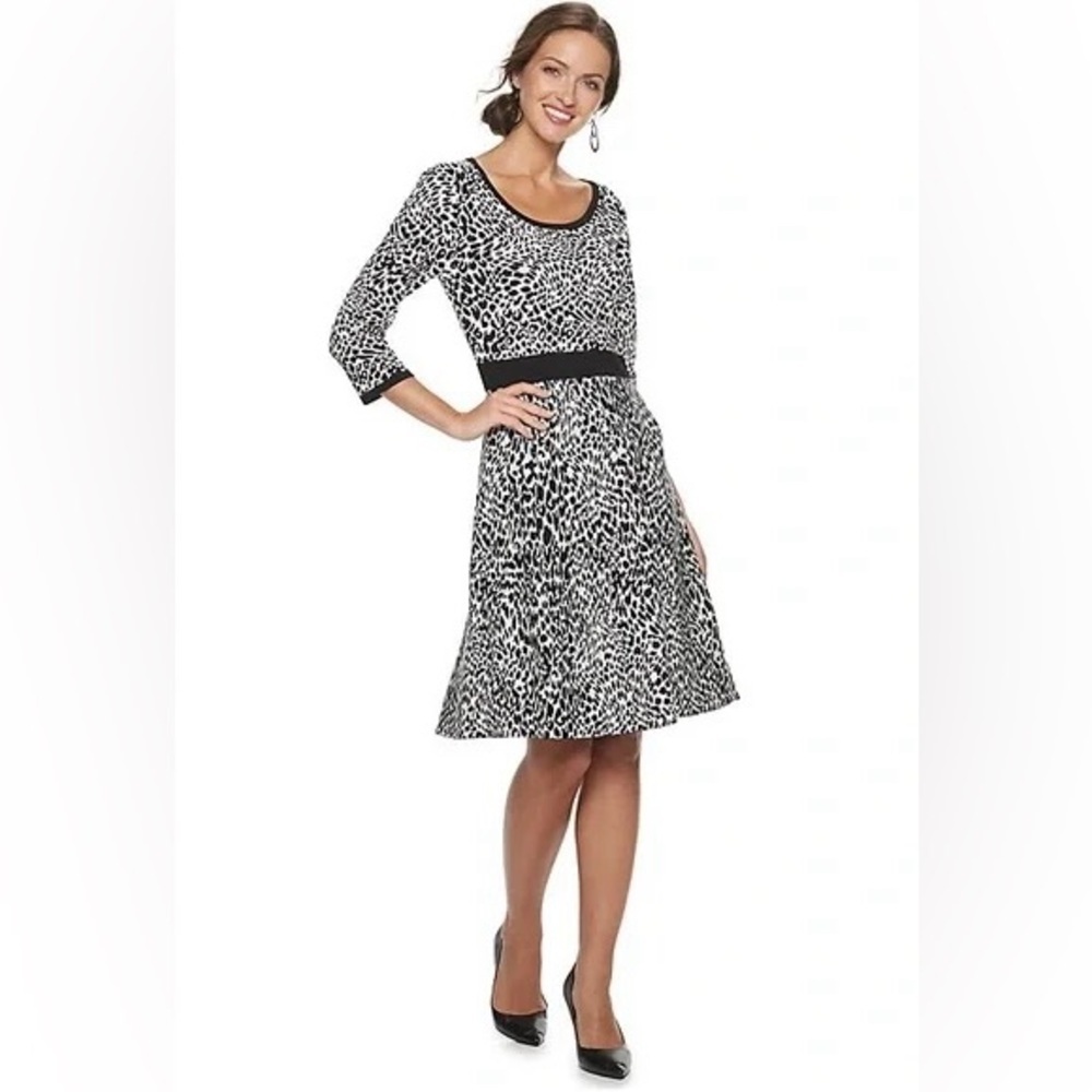 Nina Leonard Black and White leopard Print Dress 3/4 sleeve flat flare size XL